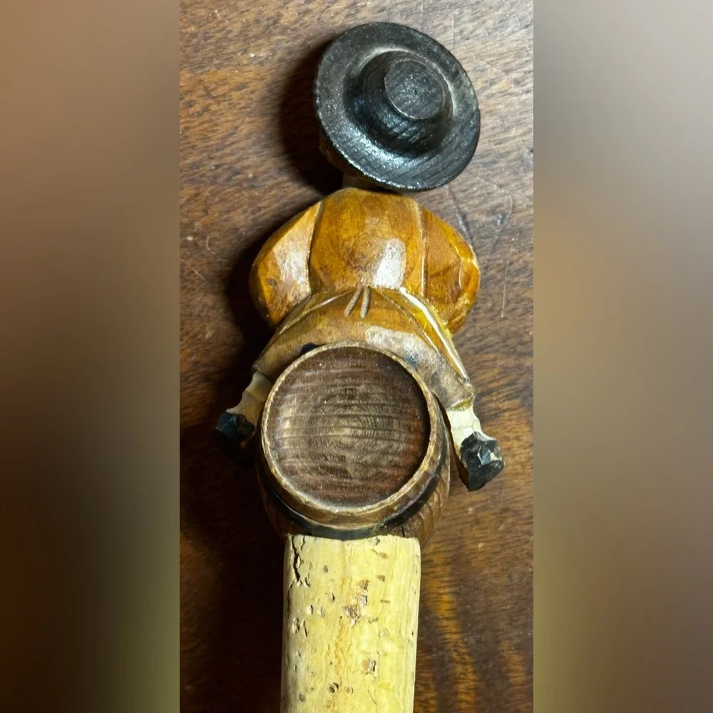 Vintage Hand Carved Wood Bobble Head Bottle Stopper Wine Cork Girl on Barrel